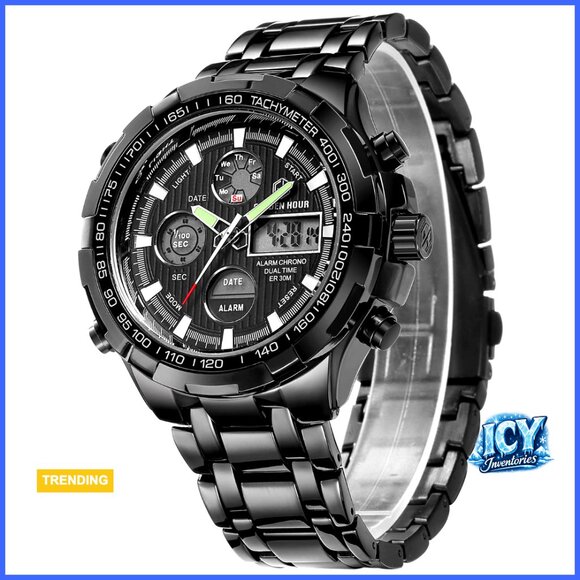 Stainless Steel Analog Digital Chronograph Watch Waterproof Sport